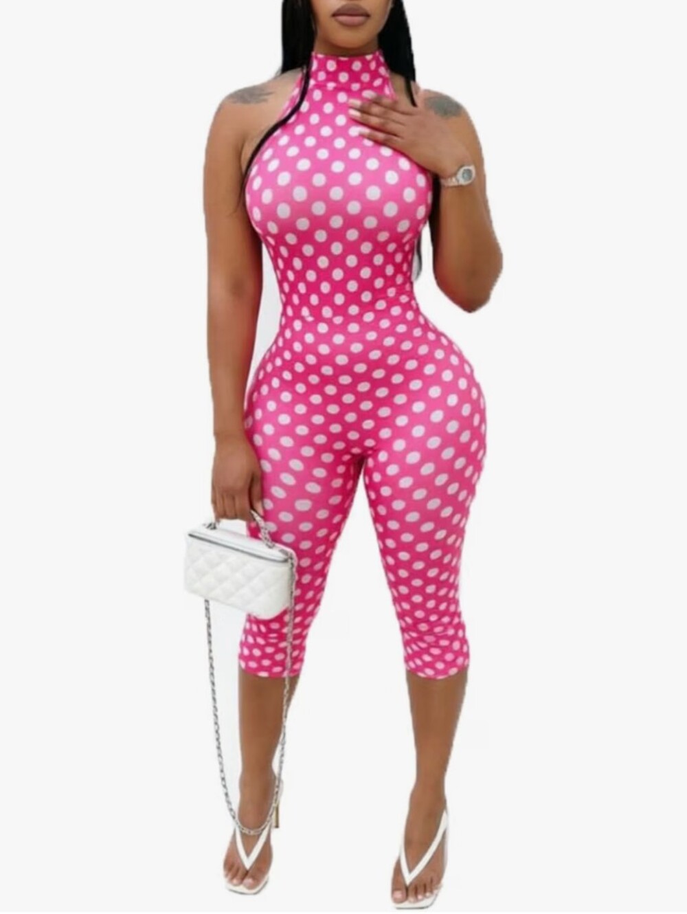 Women Sexy Jumpsuit Polka Dot Print Halter Neck Backless Back Cross Bodycon